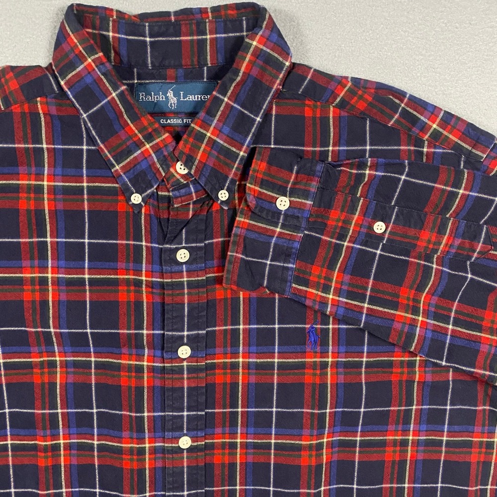 Ralph Lauren Button Down Shirt Mens XL Navy Red Plaid Classic Fit Long Sleeve